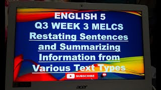 RESTATING SENTENCES AND SUMMARIZING INFORMATION FROM VARIOUS TEXT TYPESENGLISH 5 Q3 WEEK3 BY DOC VI [upl. by Sredna]