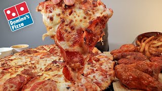 MUKBANG EATING DOMINOS SAUCY PAN PEPPERONI PIZZA BUFFALO WINGS ARBYS CRISPY CURLY FRIES ASMR [upl. by Tubb707]