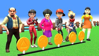 Scary Teacher 3D vs Squid Game Bowling Water Bottle and Honeycomb Candy Shapes 5 Times Challenge [upl. by Ahsile]