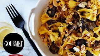 Farfalle with chestnut mushrooms and almonds  Gourmet Traveller [upl. by Meesan]