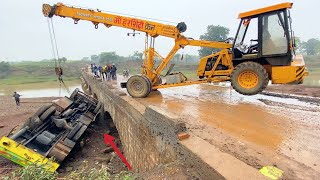 Borewell Machine Accident Jumped from the Bridge Pulled by Escort Hydra [upl. by Oznola]