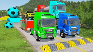 Double Flatbed Trailer Truck vs Speedbumps Train vs Cars  Tractor vs Train BeamngDrive 058 [upl. by Moguel]