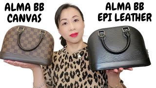 LOUIS VUITTON ALMA BB DAMIER EBENE VS EPI LEATHERMod shots What fits Which one to choose [upl. by Naruq]