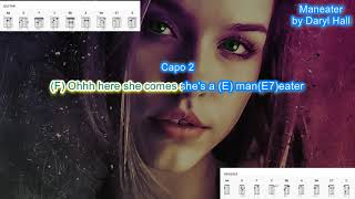 Maneater capo 2 by Daryl Hall play along with scrolling guitar chords and lyrics [upl. by Natie]
