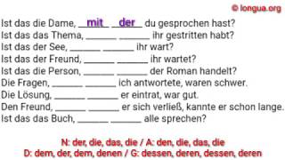 A1 A2 B1 B2 C1 Übungen Präpositionen Relativsatz Relativpronomen Akkusativ Dativ der den [upl. by Prescott]