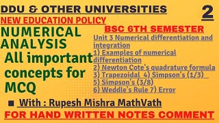 Newton Cotes quadrature formula  Trapezoidal Rule  Simpsons 13 amp 38 rule  mcq  mathvath [upl. by Aicele]