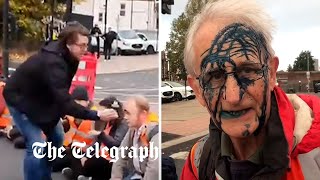 Insulate Britain protesters sprayed with ink as they block roads into London [upl. by Ashlen]