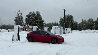 Snowy day at the Chemult Crater Lake supercharger [upl. by Paver661]