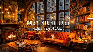 ☕Nightly Snowfall With Warm Jazz Music at Cozy Coffee Shop Bookstore Ambience for Relax and Work [upl. by Lexie]