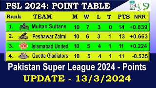 PSL 2024 Points Table Today 13 MARCH  PSL 9 Points Table  Pakistan Super League 2024 Points Table [upl. by Metzger]