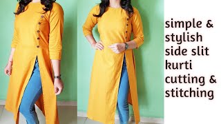 DIY side slit Kurti cutting and stitchingeasy tutorialKurti cutting and StitchingKurti design [upl. by Adiasteb]