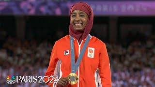 Sifan Hassan takes in medal ceremony after winning women’s marathon gold  Paris Olympics [upl. by Purington]