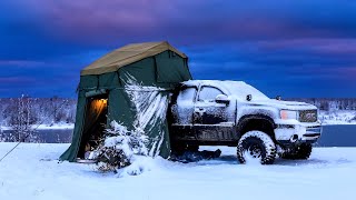 Camping In Snow Storm With Rooftop Tent And Diesel Heater [upl. by Gomez405]