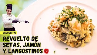 Revuelto de setas jamón y langostinos  Receta fácil y deliciosa [upl. by Ardnwahsal302]