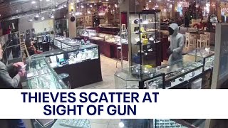 Thieves scatter after store employee pulls out gun to thwart robbery  KTVU [upl. by Avid]