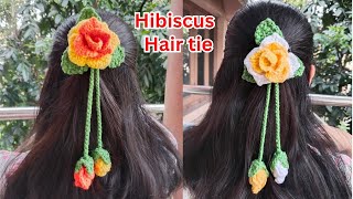 Hibiscus 🌺 Flower Crocheting Step By Step  Crochet Flower Hair Ties Crochet Tutorial [upl. by Meesan]