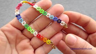 KOLAY ZARÄ°F ÅIK PAPATYA Ã‡Ä°Ã‡EKLÄ° BONCUK BÄ°LEKLÄ°K YAPIMI  FLORAL BEAD BRACELET MAKING [upl. by Daffodil]