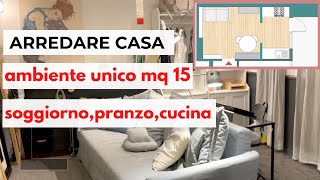 Come arredare casa piccola soggiorno sala da pranzo cucina  ambiente unico 15 mq  link arredi [upl. by Valina774]