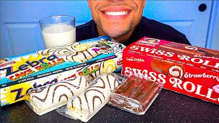 Little Debbie Zebra Cake Swiss Rolls Strawberry Sweets Candy Eating Sounds with Milk [upl. by Olivann]