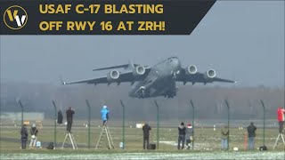 U S Air Force Boeing C17 Globemaster powerful takeoff at Zurich Airport [upl. by Kalikow]