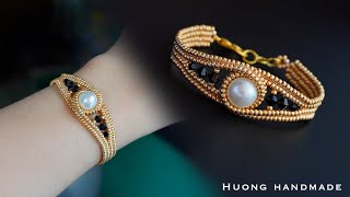 Twisted herringbone beaded bracelet How to make pearl bracelet Beading tutorial [upl. by Patrizius]