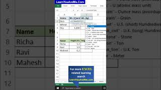 Convert function in Excel  Kg to gram  Meter to Kilometers Inch to CM in Excel msexcel [upl. by Notlek693]