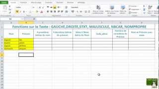 Les Fonctions sur le Texte dans Excel 2010 GAUCHE DROITE STXT MAJUSCULE NBCAR NOMPROPRE [upl. by Haskins]