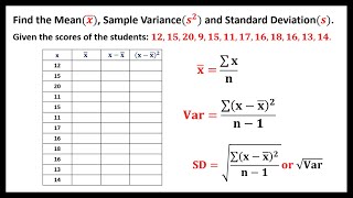 SAMPLE MEAN VARIANCE AND STANDARD DEVIATION FOR UNGROUPED DATA [upl. by Egiarc]