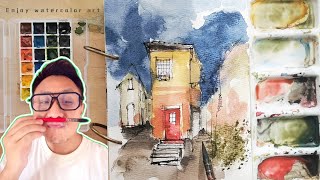 Watercolor painting of old street pen and ink line drawing画水彩老街，钢笔线稿 [upl. by Alios148]