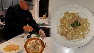 Fetuccini con camarones En salsa Alfredo El Sazon de Reynoso en USA [upl. by Kries]