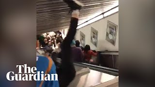 Escalator speeds up and collapses in Rome injuring football fans [upl. by Adnara]