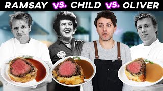 Beef Wellington CAGE MATCH Gordon Ramsay vs Julia Child vs Jamie Oliver [upl. by Ehcram]