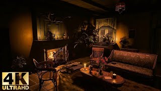 Cosy living room with a fireplace and the sounds of heavy rain with thunder  ASMR fireplace RDR2 [upl. by Namzzaj528]