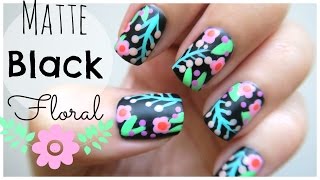 Spring Nail Art Matte Black Floral Design  MissJenFABULOUS [upl. by Nasas586]