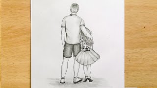 Fathers Day Special Drawing  Easy way to Draw Father and Daughter Step by Step  Pencil Sketch [upl. by Batholomew]