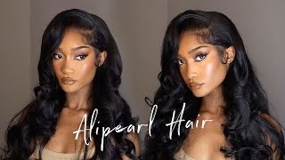 WATCH ME INSTALL THIS JET BLACK BODY WAVE LACE FRONTAL WIG  BOMBSHELL SIDE PART l Ft Alipearl Hair [upl. by Kcirdneh]