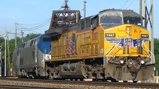 UP Power Leads Amtrak Detours in Clinton IA 5282018 [upl. by Siocnarf]