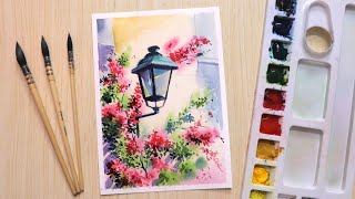 Watercolor painting for beginners beautiful flower and Lamp [upl. by Three]