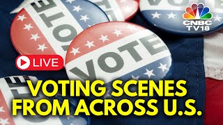 US Elections 2024 LIVE  Voting Scenes From Across US  Trump Vs Harris  Swing States Polls  N18G [upl. by Pompei]