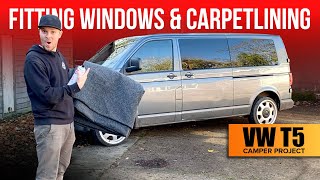 Fitting Windows amp Carpet lining  T5 Camper Build [upl. by Thessa]