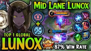 Lunox Best Build Mid Lane 87 Win Rate  Lunox Top 1 Global Build   Mobile Legends [upl. by Nylrehs]