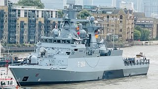 German warship Braunschweig F260 leaving London playing Star Wars  Darth Vader’s Imperial March [upl. by Alaecim]