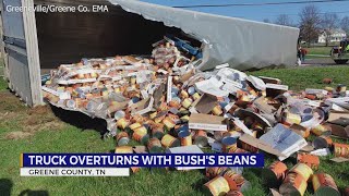 Truck carrying Bushs Best Baked Beans overturns spills cans in Newport [upl. by Ajed]