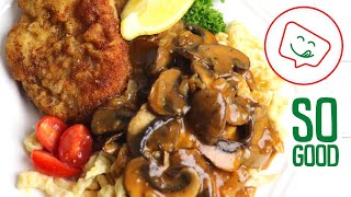 Jagerschnitzel  Authentic German Schnitzel with Brown Jager Sauce [upl. by Enelia]