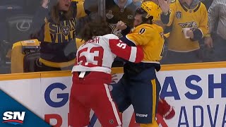 Predators Filip Forsberg Red Wings Mortiz Seider Fight in Battle of Unexpected Combatants [upl. by Ahsennek]