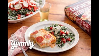 DiGiorno Crispy Pan Pepperoni Pizza with a Lighter Kale Salad  Yummly Recipes [upl. by Rob887]