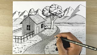 New Beatuful Scenery drawing with pencil 👍👍🥰🌲🌎رسم طبيعة [upl. by Mercier]