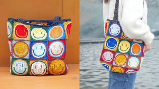 Crochet Smiley Face Granny Square Tote Bag  Free Pattern [upl. by Harras]