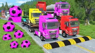 Double Flatbed Trailer Truck vs Speedbumps vs Train vs Cars  Tractor vs Train BeamngDrive 222 [upl. by Notgnimer]