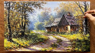 Draw a road and house in the forest  Acrylic landscape painting  Art painting  A Lu Art [upl. by Lynn640]